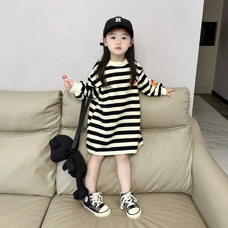 Váy Bé Gái, Phong Cách Phương Tây, Váy Len Dài Trung Bình Thiết Kế Mặt Cười Cho Trẻ Em, Váy Dài Tay Thường Ngày Kẻ Sọc, Hợp Xu hướng, Thích Hợp Cho Bé Gái 0