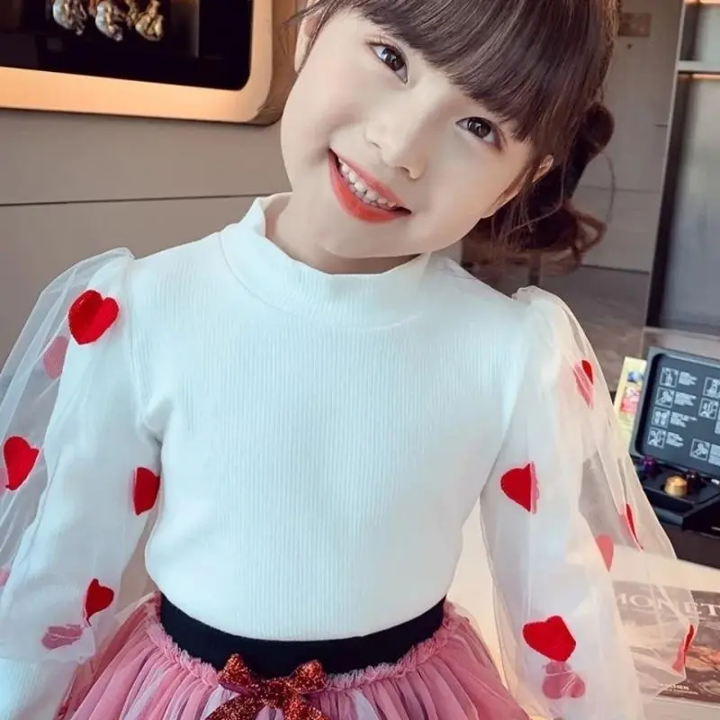 Quần Áo Mùa Thu Và Mùa Đông Cho Bé Gái, Áo Sơ Mi Lớp Nền, Tay Phồng Và Lưới, Tay Phồng, Áo Thêu Tình Yêu, Thích Hợp Cho Trẻ Em, Áo Sơ Mi Lớp Nền 3