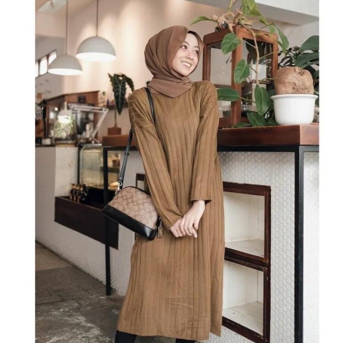 LONG TUNIK BAHAN KNIT HORNET TEBAL MELAT LENGAN PANJANG KARET 4
