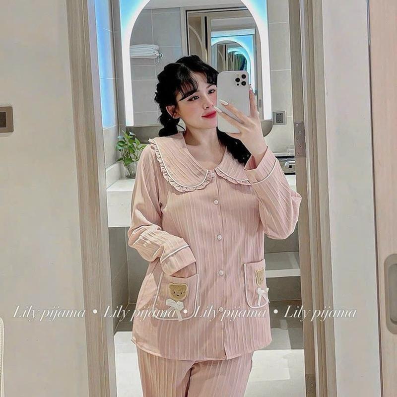 Combo 2Bộ Pijama GẤU CỔ sen áo dài tay quần dài 2