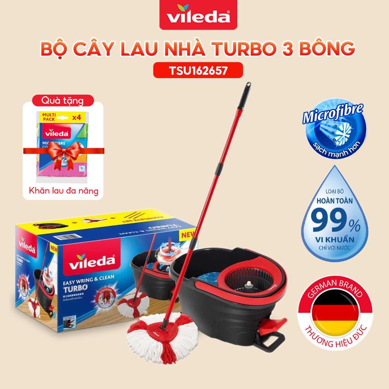 Cây lau nhà VILEDA Turbo Easy Wring&Clean đầu lau tam giác, xô giặt quay bằng chân, thêm 2 bông lau - Turbo 3 bông