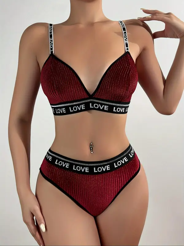 Two-Piece Set Women's Velvet Letter Tape Bra & Contrast Binding Panty Two-piece Set, Adjustable Strap Wireless Bra & Panty, Lingerie Set for Women 6