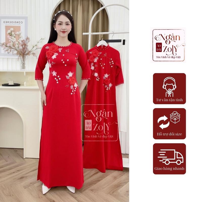 D7 Áo dài đỏ Lụa Mỹ đính kết hoa thủ công - Áo dài Nữ 5
