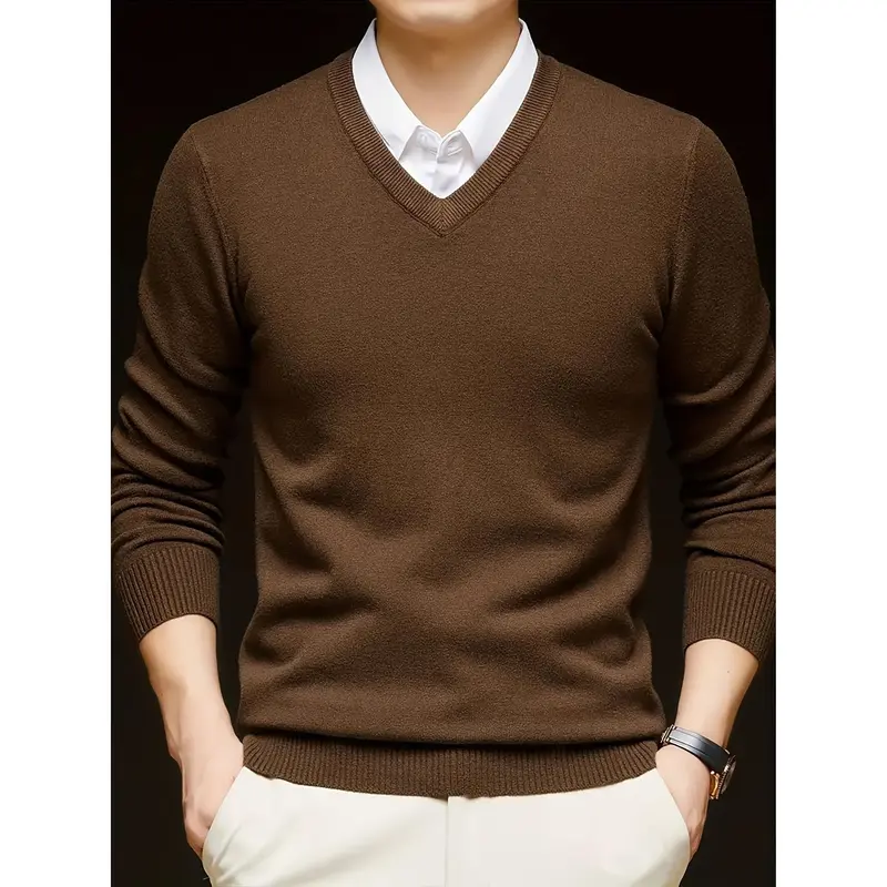 [Long Sleeve V-Neck Pullover Sweater] Men'S V-Neck Pullover Sweater, Rayon Blend Knitwear, Solid Color, Long Sleeve, Regular Fit, Stretch Fabric, for Daily & Casual Wear 1