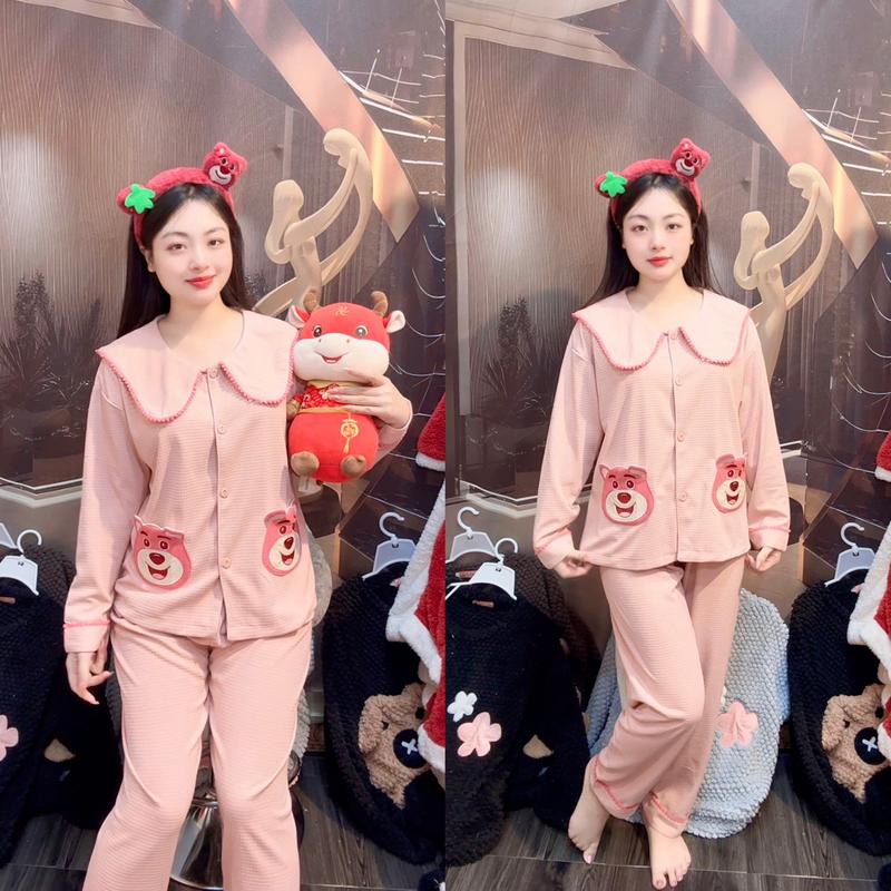 Bộ ngủ nữ dài tay cổ bẻ chất waffle cao cấp, cotton dệt kim ô, cổ bẻ, siêu đẹp mùa thu đông, bộ pijama pyjama, đồ bộ mặc nhà