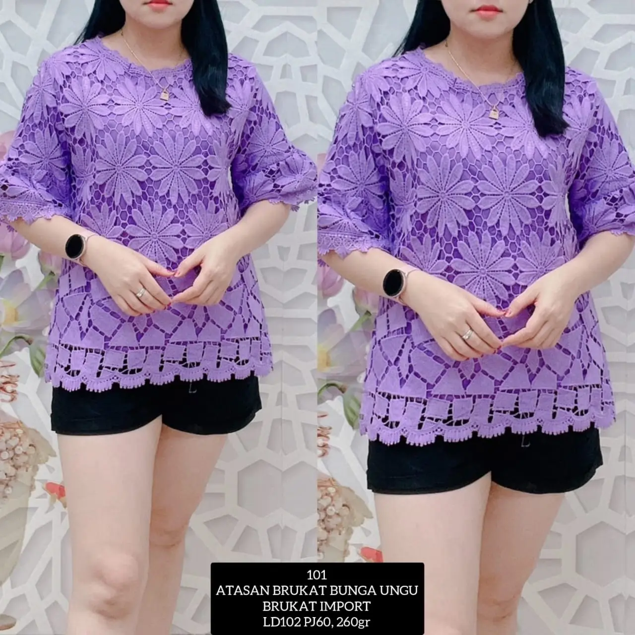 KLV Atasan Blus Brokat Wanita Import Lengan 3/4