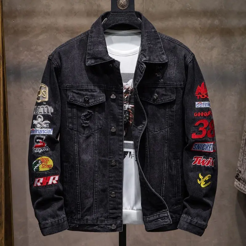Áo Khoác Denim Thêu Rách, Thương Hiệu Hợp Xu Hướng Dành Cho Nam Giới, Mặc Mùa Xuân Và Mùa Thu, Dáng Rộng Vừa Vặn, Áo Khoác Trẻ Trung Hợp Xu hướng Áo Khoác Thường Ngày Dài Tay, Thiết Kế Hình Gấu mèo Menswear Jacket