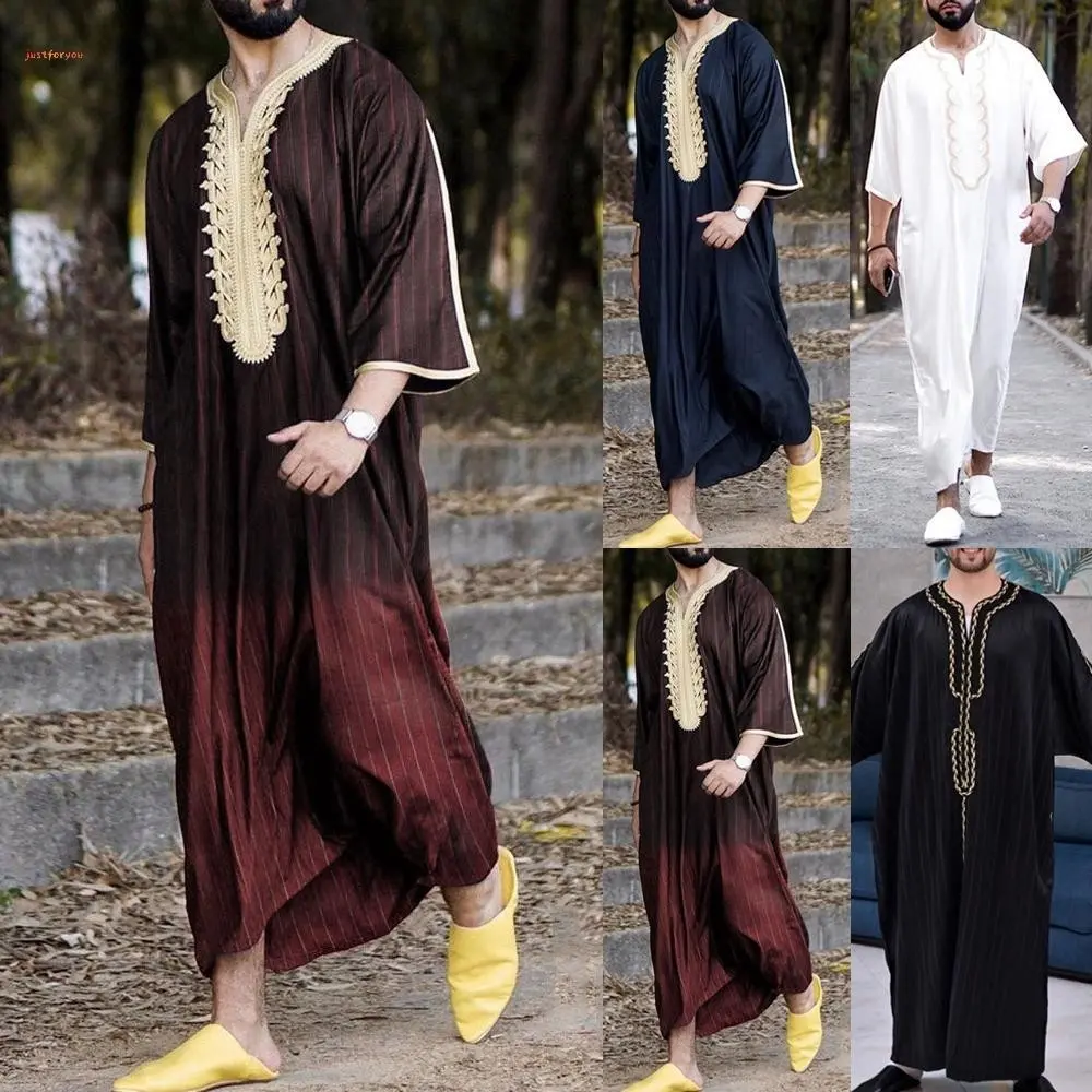 [Cadia]Men Stripe Jubba Kaftan Dishdash Thobe Saudi Arab Muslim Clothing Maxi/Robe New