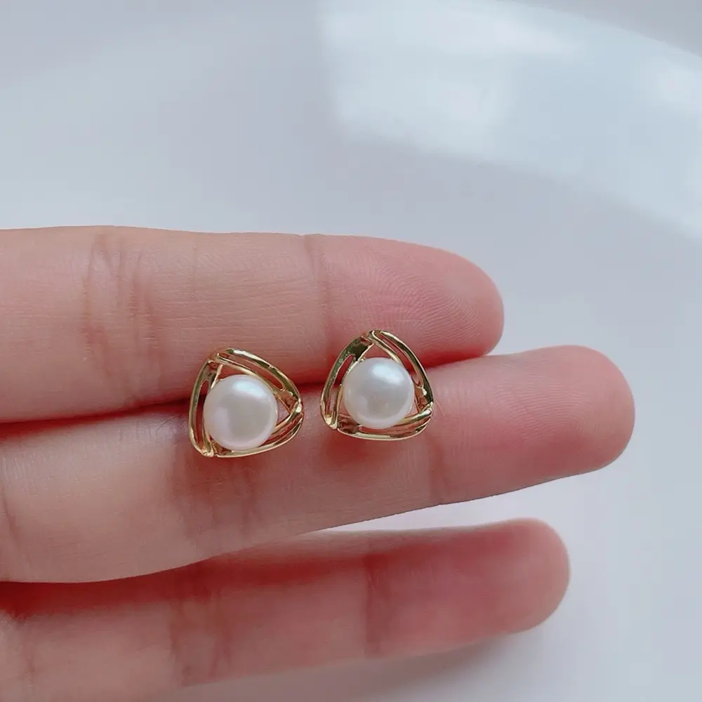 Natural freshwater white pearl earrings with geometric triangle minimalist girl earrings as a gift for girlfriend