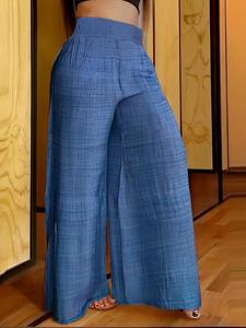 Pantalones anchos de cintura alta fruncidos lisos de talla grande, cómodos pantalones palazzo de tiro alto casuales para uso diario, pantalones de mujer para el verano, pantalones de mujer, pantalones de pierna ancha de moda