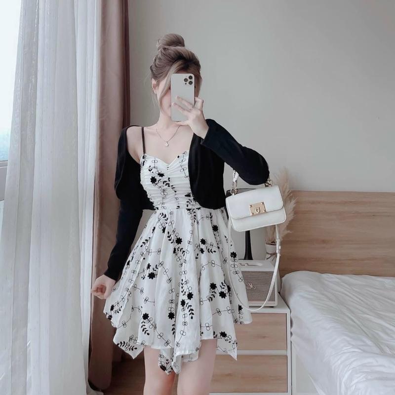 Sét Váy 2 Dây Hoa Nhí Kèm Áo Khoác Len Siêu Xinh, Set Váy Hoa Có Ảnh Thật Nữ Women Kem Dress