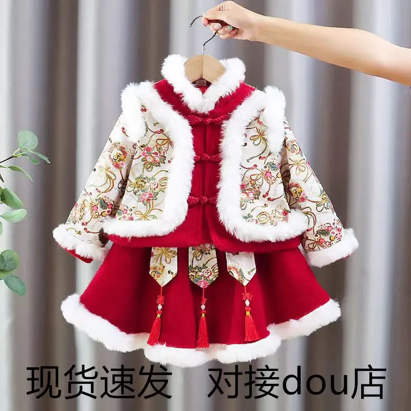 Quần áo năm mới cho bé gái, quần áo mùa đông cho Em Bé Hanfu cho trẻ em, bộ đồ Đường Chuẩn dày dặn, bộ đồ lễ hội năm thỏ phong cách Trung Quốc