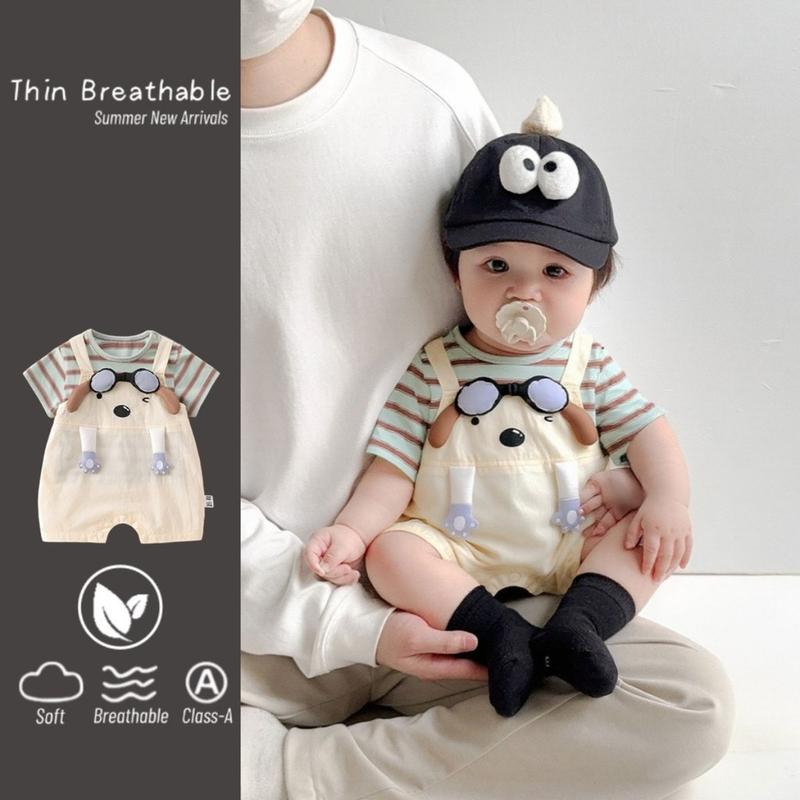 Quần Áo Trẻ Em, Hàng Mới Về Mùa Hè, Cho Bé Trai Và Bé Gái, Áo Liền Quần Ngắn Tay, Thiết Kế Ghép Nối Mỏng, Cún chó Con Hoạt Hình, Siêu Dễ Thương, Quần Áo Ngoài