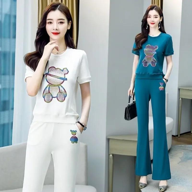 Bộ Đồ 2 Món Thể Thao Thường Ngày Ngoại Cỡ Thời Trang Nữ, Bộ Sưu Tập Mùa Hè Mới 2024, Phong Cách Trẻ Trung Và Bó Sát, Quần Ống Loe, Bộ Đồ Hợp Xu hướng 0