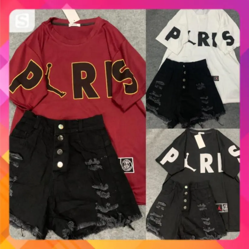 Set bộ gồm áo phông chữ PARIS phối kèm quần sooc rách tua tua 4 khuy đen Nữ Top set thường Thời Trang 310 Women Kem Cotton Thun