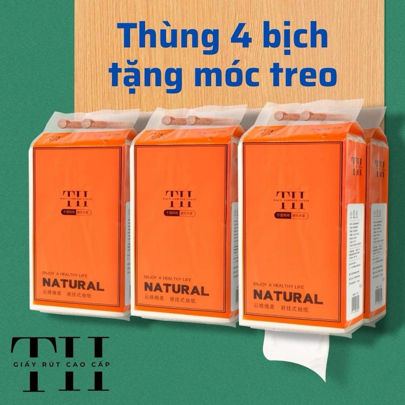 Thùng 4 Túi Giấy Ăn Treo Tường Natural tặng móc, Giấy Rút Treo Tường 4 Lớp Bằng Bột Gỗ Nguyên Sinh Hàng Nội Địa Trung Giấy Vệ Sinh