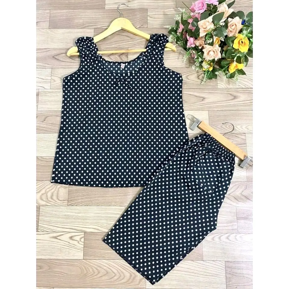 [ cosize từ 45_ 80 ký ]  Đồ bộ thun lạnh lửng chấm Bi Tay ngắn Có thể giặt bằng máy Có thể giặt bằng máy Women Nhung Áo Voi Kem Màu Đen