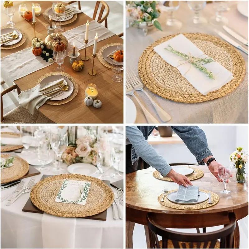 Round Woven Placemat, 1/2 Counts Boho Style Coaster, Heat Resistant Placemat, Table Decoration Supplies for Home Kitchen Dining Room 5