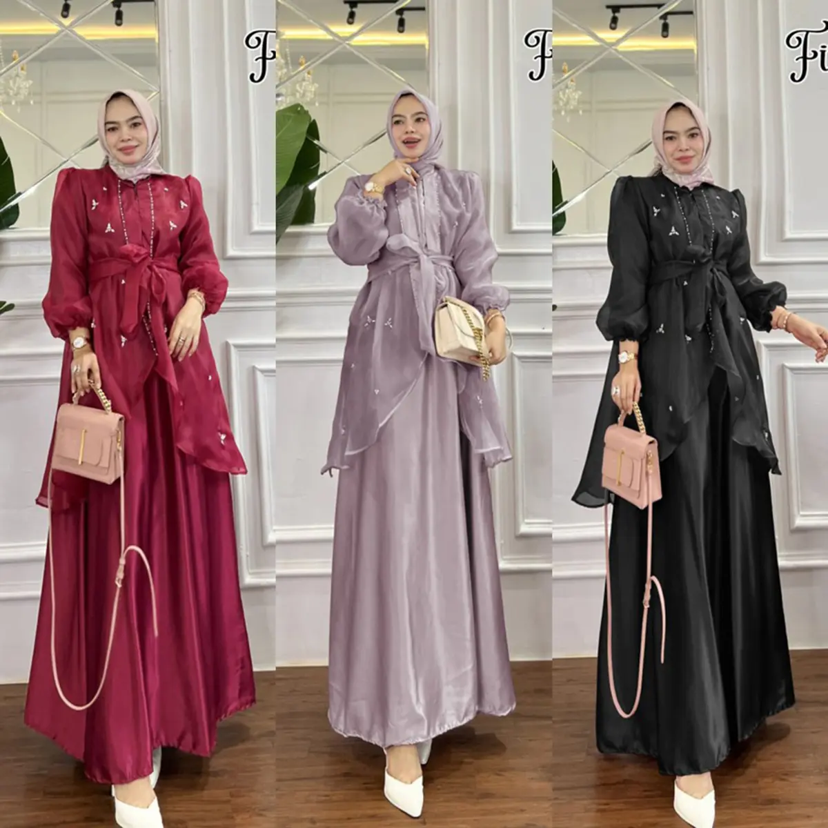 Gamis Fidelya Series GAUN PESTA Kondangan Pernikahan Maxy Dress Kekinian Outer Organza - Baju Muslim Lebaran 2024 Remaja Terbaru - Gamis Elegan Kekinian