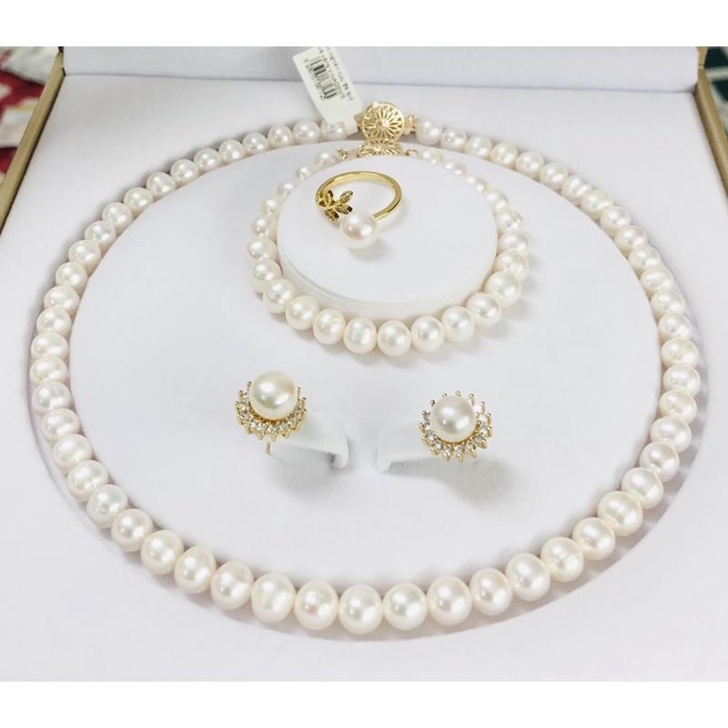 Bộ Trang Sức Ngọc Trai Quà Tặng 4 Món Màu Trắng 8ly Gồm Vòng Cổ, Vòng Tay, Nhẫn, Bông Tai - Ngọc Trai Trường Thịnh