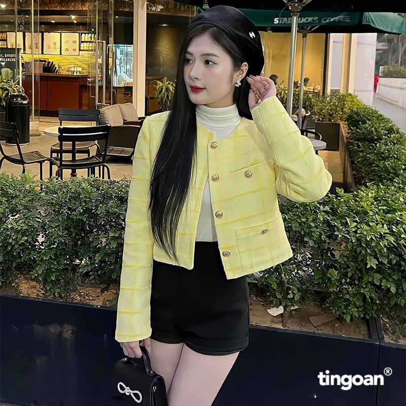 TINGOAN - Áo khoác tweed nhung cổ tròn đính cúc kim loại ánh vàng SUGAR CUPCAKE JACKET/YL 0