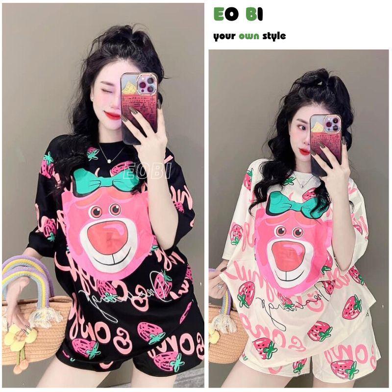 Bộ Đồ Ngủ Tay Ngắn Dáng Rộng In Họa Tiết Gấu Và Dâu Tây Cỡ Lớn Thời Trang Mùa Hè 2024 Mới - EOBI Nữ Áo 2