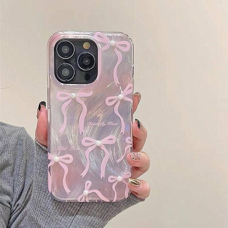 Bowknot Pattern Phone Case, Faux Pearl Decorative Anti-fall Phone Protector Cover Compatible With iPhone 11 12 13 14 15 Pro Max Series, Gift, Smartphone, Protective 3