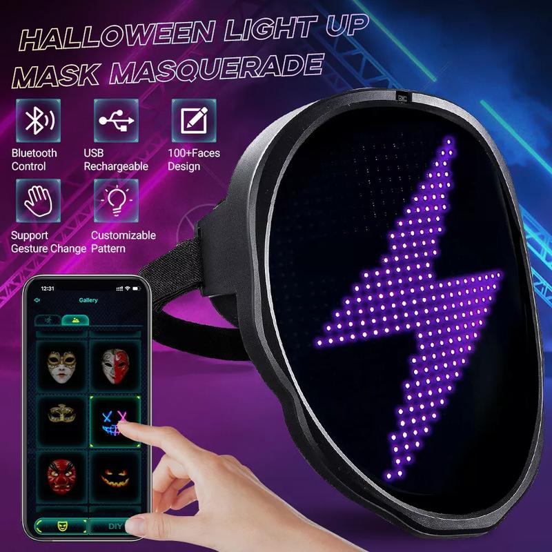 Led Programable Mask Bluetooth Christmas Light Up LED Mask Masquerade Gesture Change Bluetooth ...