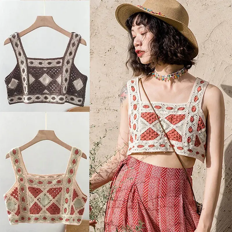 Áo Ba Lỗ Đan Móc Cho Nữ, Phong Cách Bohemian, Không Tay, Cổ Vuông, Thiết Kế khoét Dáng Rộng Vừa Vặn, Áo Hở Eo