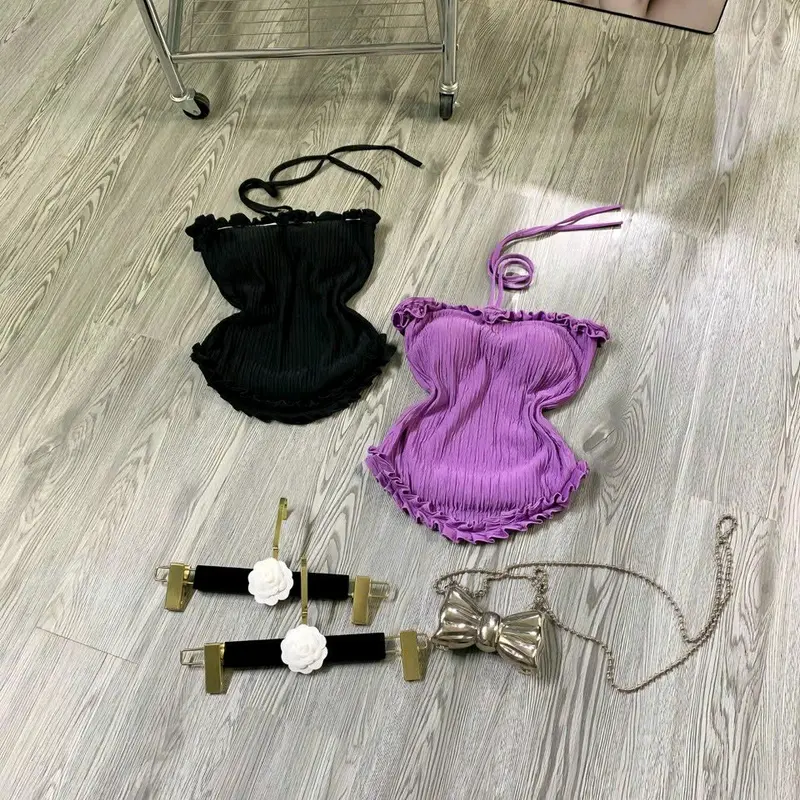 [Size S M] A020 Áo xốp croptop nữ viền bèo lai dây cột cổ 4
