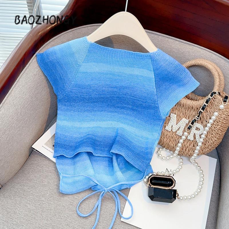 Áo Dệt Kim Hình Bướm 3D, Dành Cho Nữ, ngắn Tay, Cổ Vuông, Màu Tương Phản, Dáng Ôm, Áo Phông, Quần Áo Thẩm Mỹ 2
