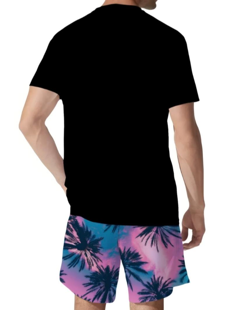 Product Introduction of Men's Regular Fit Palm Tree Print Tee & Shorts Set, Casual Short Sleeve T-shirt & Shorts, Men's Summer Clothes for Beach Vacation 2