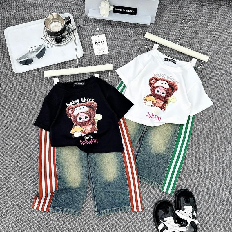 [Ongkis]Sét áo cotton croptop in 3D +quần Jean ống suông viền sọc cho Bé gái và thỏ baybytrenh Baby Tee