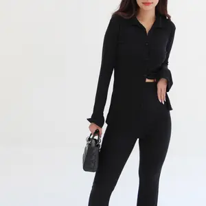 KIMMY SET | Setelan Wanita Long Sleeves Oneset Knit Rib Premium Shirt Pants Baju Set Celana Highwaist Soma Fit Panjang Top  Atasan  Basic  Casual  Cardigan  Blazer
