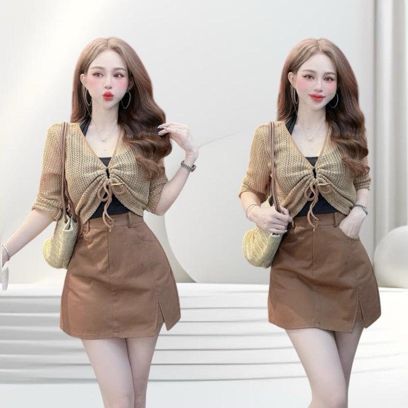 Set quần áo thiết kế CRAZYTEEN S5890 dành cho nữ gồm áo khoác đan ren tay dài kiểu cột dây và chân váy để đi chơi ( Áo khoác tay dài/ Chân váy/ Áo yếm ) áo ren kiểu nữ sang chảnh set  hot