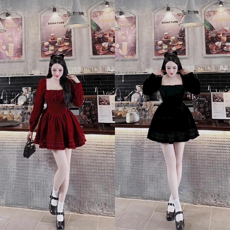  Đầm Xòe Dự Tiệc Nhung Cứng Nữ Tiểu Thư Tay Dài Cổ Vuông Xếp Ly Mini Quyến Rũ Sang Chảnh Nữ Tính Dịu Dàng Thanh Lịch Sang Trọng Dễ Thương Women Dress Voan Màu Trắng Voi Đỏ 