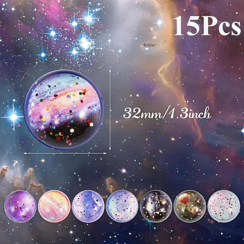 15 PCS Space Planets Starry Sky Theme Bouncy Balls, 32mm Rubber Balls Colorful Starlight Galaxy for Kids Party Bag, Stocking Filler Prizes Festival Birthday Gifts 1