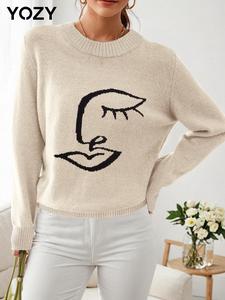 YOZY Women's Figure Face Jacquard Round Neck Sweater, Casual Long Sleeve Crew Neck Jumper for Fall & Winter, Fashion Ladies' Knitwear for Daily Wear