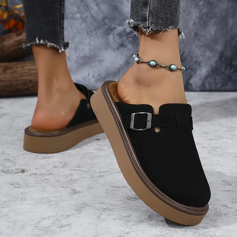 All-Season Rubber Sole Casual Buckle Loafers for Women - PU Upper, Fabric Lining, Flannel Insole, Retro Thick Sole Closed Toe Shoes Footwear Girl cute  sandals