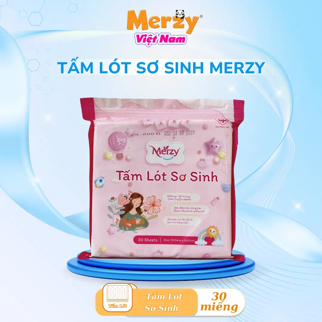 Tấm Lót Sơ Sinh Merzy Mềm Mại, Chống Thấm Cho Bé - 30 Miếng/Gói, Size 220mm x 210mm