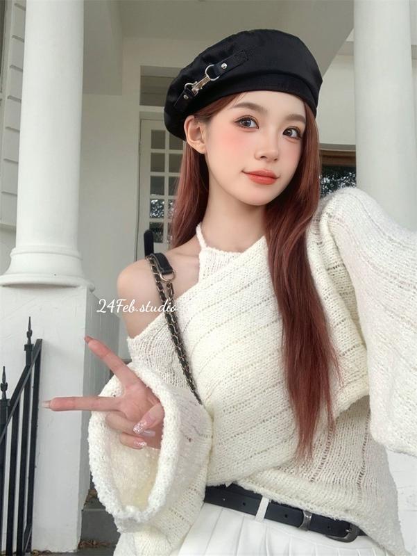 [AK63] Set áo len cổ yếm vạt chéo kèm áo trễ vai dài tay phong cách ulzzang Hàn Quốc 24Feb.studio