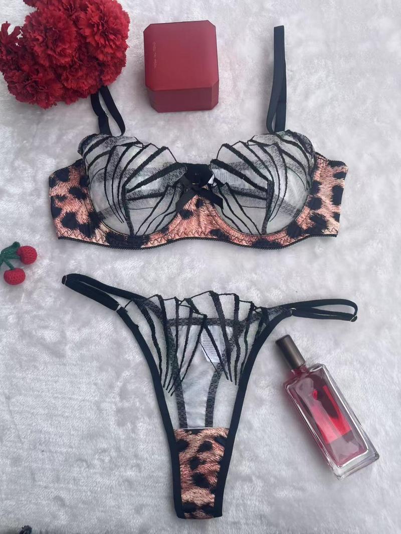 Product Introduction of Women's Leopard Print Sheer Bra & Panty Two-piece Set, Adjustable Strap Bra & Panty, Lingerie Set for Women 5