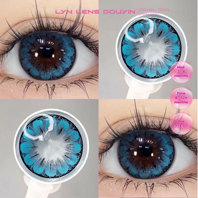 Lyn Lens - Kính áp tròng xanh vân hoa long lanh mắt ướt giãn to 14.5 (Senela blue - 0 đến 7 độ)