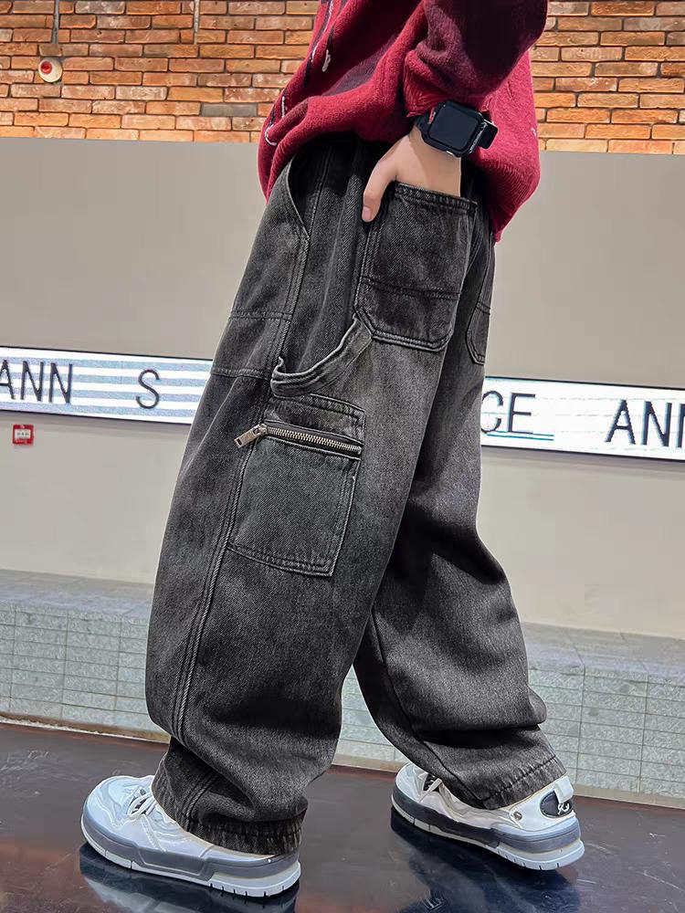 Product Introduction of Quần Jean Xuông Hiphop Túi Dây và AG Sau Túi Cho Bé - Dòng Sản Phẩm Mới Nhất, Đen/Xanh, Sz10-15 quan  ring trai 46ki 14
