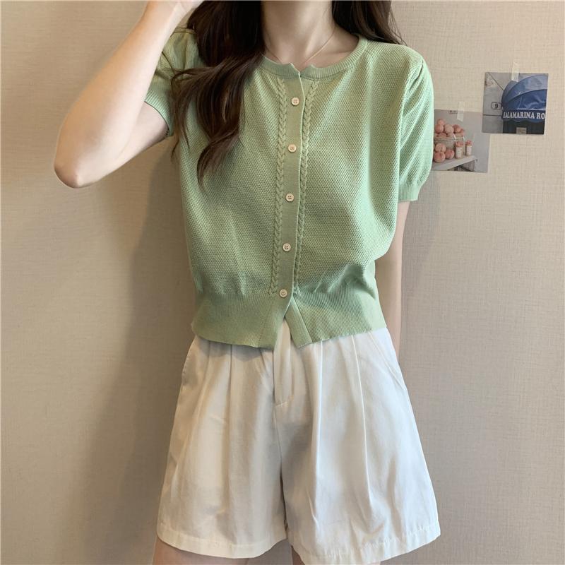 Product Introduction of Áo Thun ngắn Tay Phong Cách Mới Mùa Hè, Cổ Chữ O, Dễ Phối Đồ Dành Cho Nữ, Ngắn Ngắn Tay, Một Hàng Cúc, Áo Cardigan Dệt Kim, Đơn Giản 14