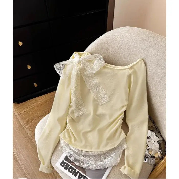Áo Phông Nhẹ Nhàng, Trễ Vai, Dài Tay Nữ, Dây Đeo Ren, Nơ Bên Trong, Áo Sơ Mi Lớp Nền Trễ Vai, Áo Ngắn 0