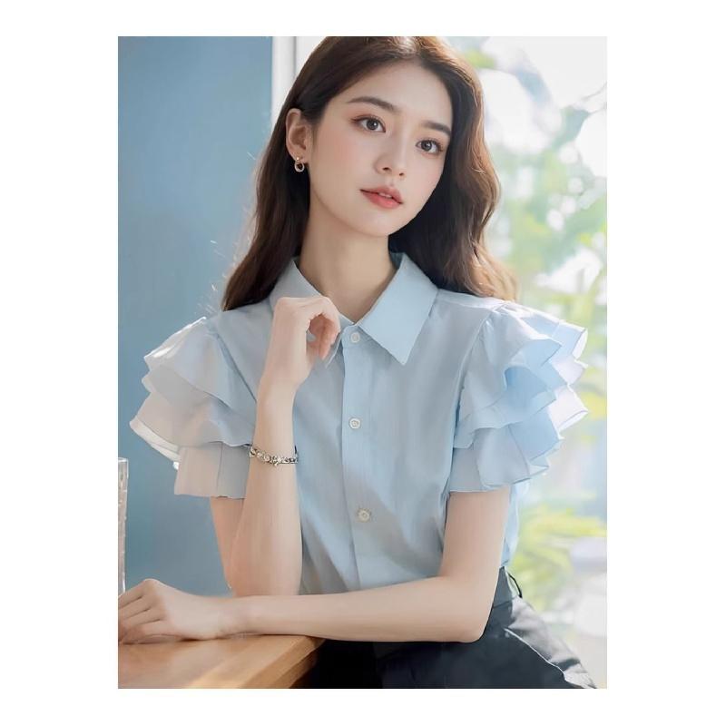 Product Introduction of (in Stock) European Goods Beautiful Fashion Casual Temperament High-Grade Super Nice Top Blue Ruffled Short Sleeves Women's Shirt Women's Summer Blouse Lingerie 5