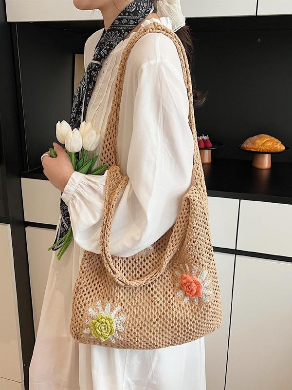 Women's Colorblock Flower Design Crochet Tote Bag, Casual Versatile Shoulder Bag for Daily Used, Trendy High-quality Daily Commuting Bag, Girl Fashionable Shopping Bag 2