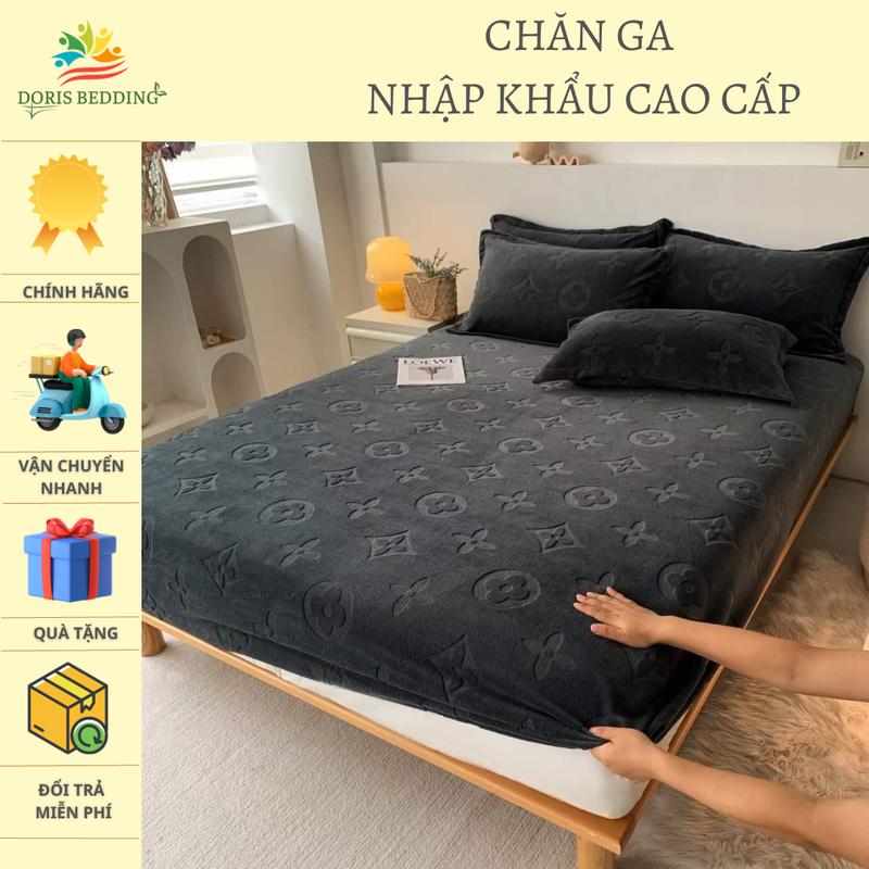 Bộ ga kèm 2 vỏ gối LV cao cấp, Chất nỉ nhung dày dặn mềm mịn kháng khuẩn giữ nhiệt tốt an toàn cho da