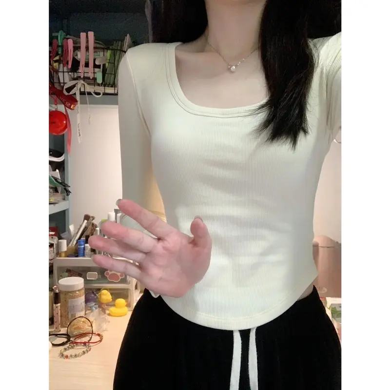 Áo Lớp Nền Độc Đáo Có Thể Mặc Trong Mùa Thu Và Mùa Đông, Áo Ôm Sát, Thiết Kế Áo Mỏng, Cổ Vuông Nhung Gợi Cảm, Áo Thun Dài Tay, Dành Cho Nữ, Phong Cách Cô Gái Nóng Bỏng 2